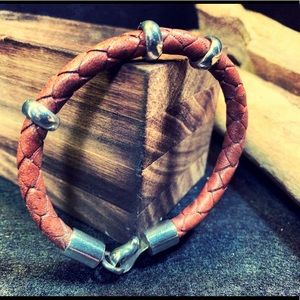 Men’s Woven Leather and Silver Bracelet 8.5”